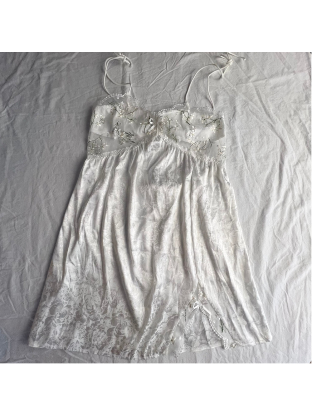 White Slip Dress Lingerie Floral Embroidery Lace Bow M/L Fairy Coquette Bridal - Picture 11 of 11